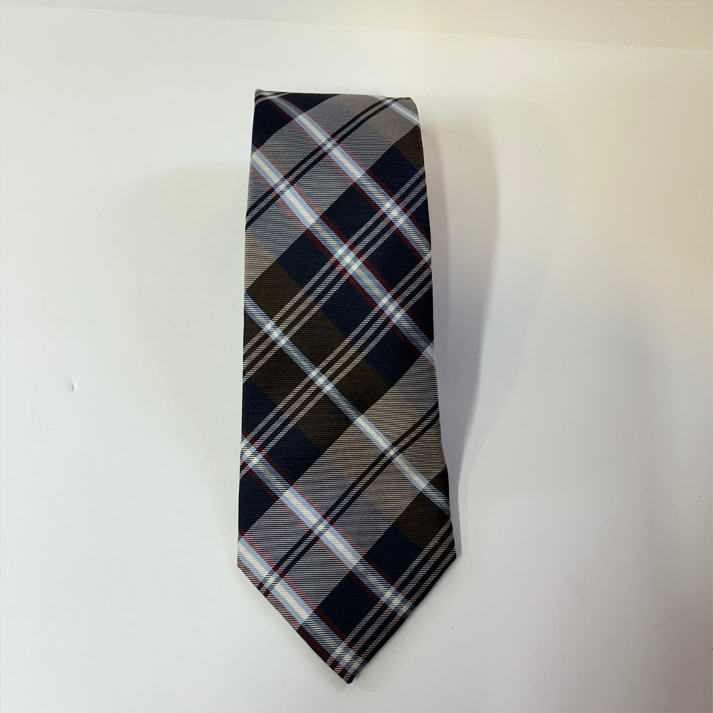 Tommy Hilfiger Mens Silk Tie Navy Blue Brown Grey Plaid Check RN121148 3.5 Inch